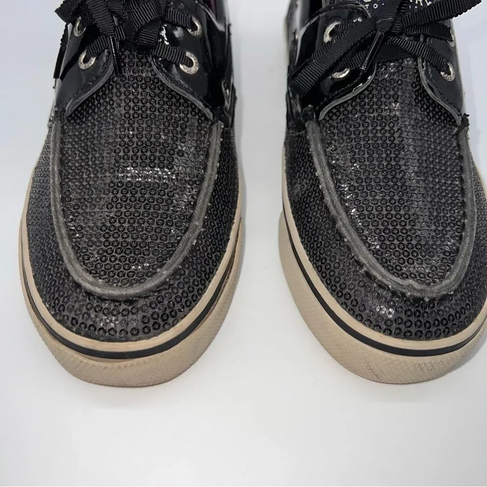 Sperry Top-Siders Black Sequined Covered Deck Shoes w/Ribbon Laces